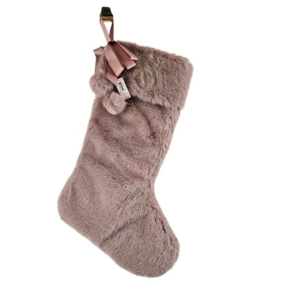 Victoria's Secret Other - Victorias Secret Faux Fur Christmas Stocking Blush Pink Ribbon Pom Poms NWT